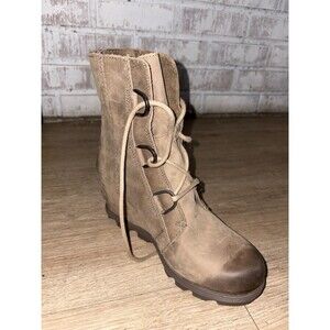 Sorel Women Joan Of Arctic Wedge II Distressed Sand Leather Ankle Boots Size 8